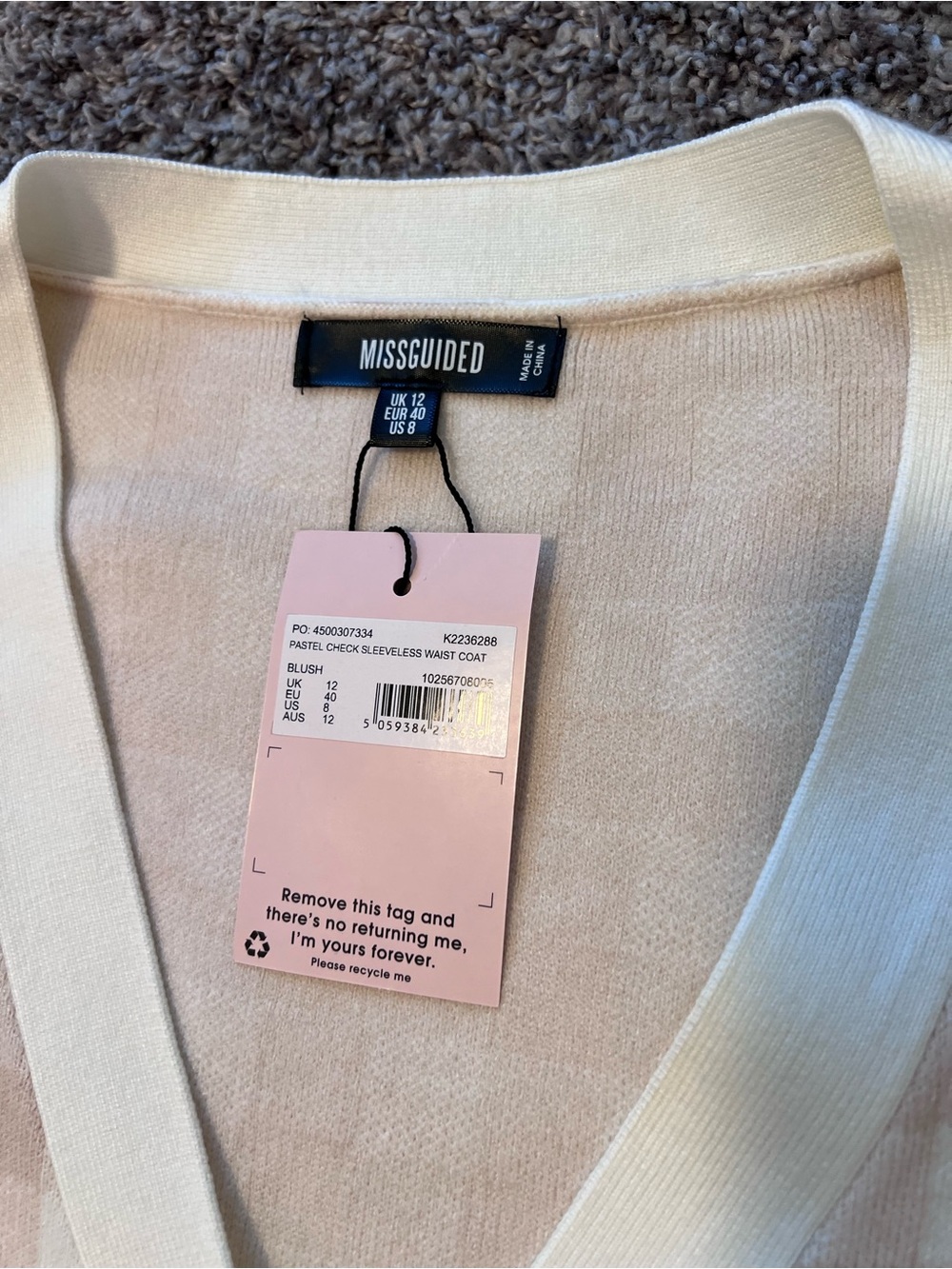 Sweater Vest Check Knit Cardigan Vest - Cream & Beige NWT Missguided Size 8/M - Picture 2 of 3